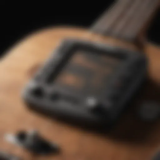 A close-up of a digital ukulele tuner displaying accurate tuning levels.