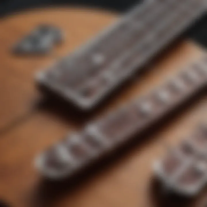 A close-up of a ukulele's fretboard highlighting different tuning positions.