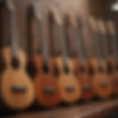 A vibrant display of various ukuleles showcasing different sizes and woods.