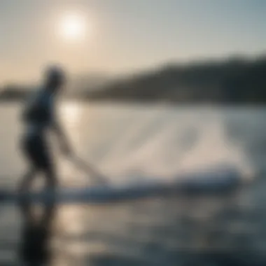 An athlete executing a perfect water foil maneuver on a calm surface.