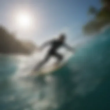 A water sports enthusiast using an underwater surfboard amidst vibrant marine life