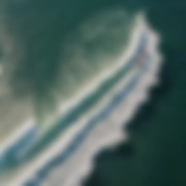 Aerial view of surfers catching a party wave