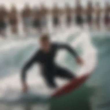 Surfer gracefully navigating a crowded party wave