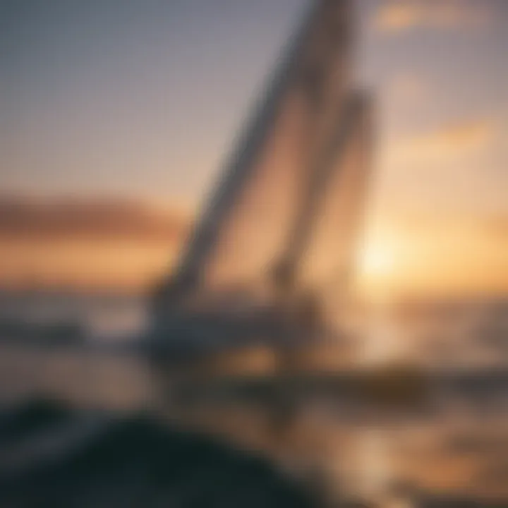 Sailboat races in full sail against a stunning sunset backdrop