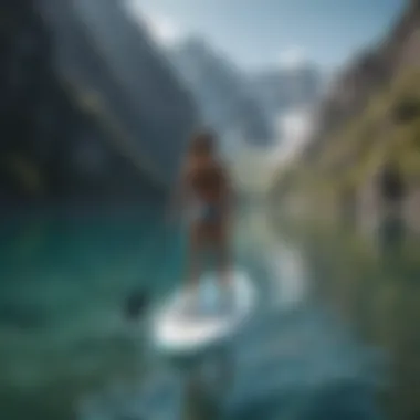 A paddleboarder navigating through crystal clear waters with mountains in the background