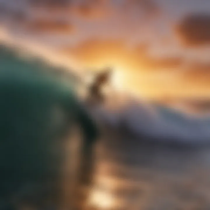 Surfer riding a powerful wave during a vibrant sunset