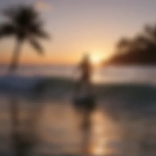 A person riding the waves on a surfboard at sunset