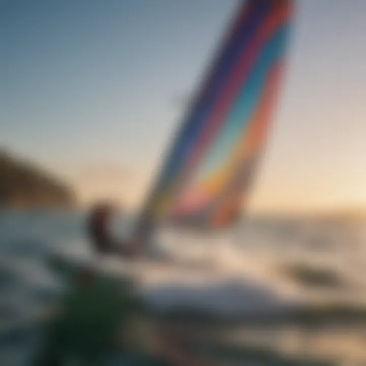 A windsurfer catching the wind and gliding across the water with colorful sails