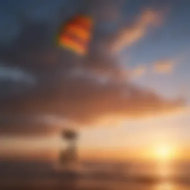 Colorful kites soaring against dramatic sunset sky