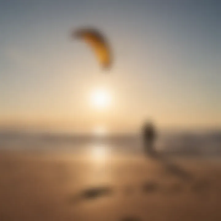 Silhouette of kite landboarder catching air on windswept beach