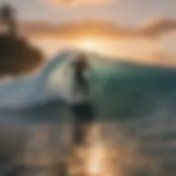 Surfer riding a massive wave at sunset