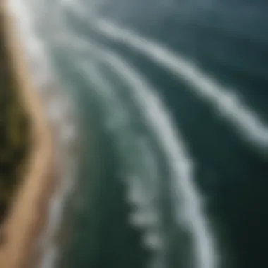 Aerial view of a coastline with wind patterns displayed