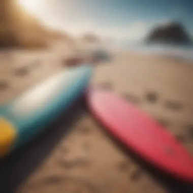 Colorful surfboards lined up on a sandy beach ready for action