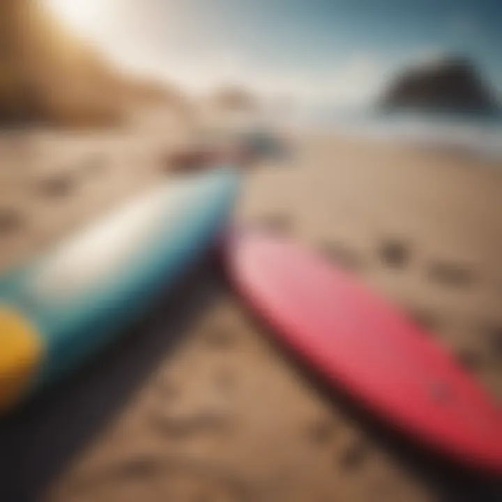 Colorful surfboards lined up on a sandy beach ready for action