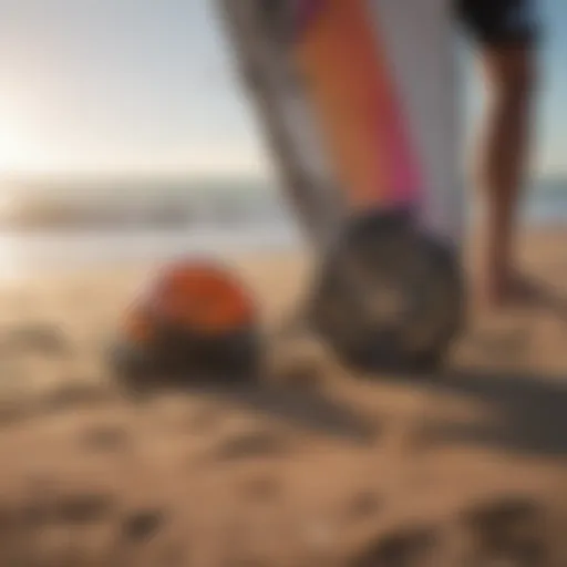 A vibrant kitesurfing setup on the beach showcasing various gear types.