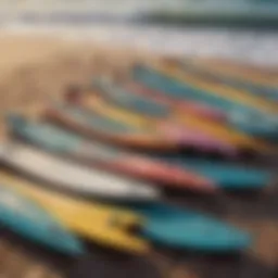 A variety of used surf fins displayed on a wooden surfboard.
