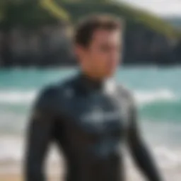 A well-maintained used wetsuit displayed against a vibrant ocean backdrop