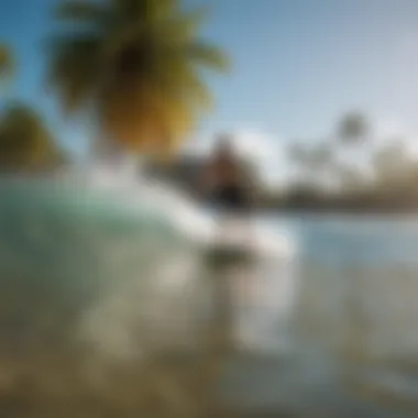 Vibrant Skimboarding scene at a tropical beach with palm trees and crystal-clear waters