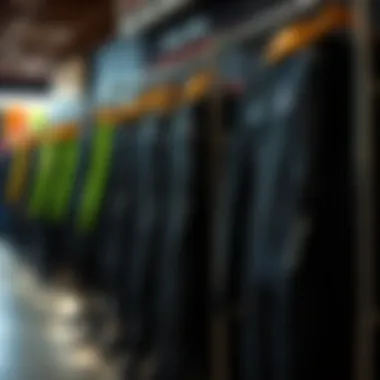 Variety of Wetsuit Styles Different styles of Volcom wetsuits displayed on racks