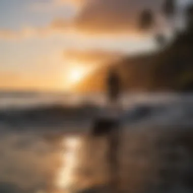 Silhouette of a surfer riding a wave during sunset at Waipio Valley