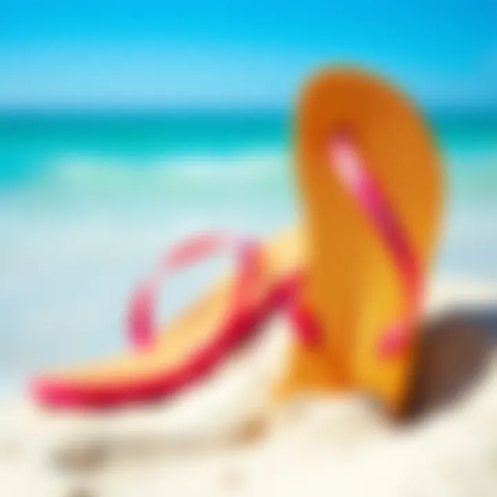 Vibrant wave zone flip flops on a sandy beach