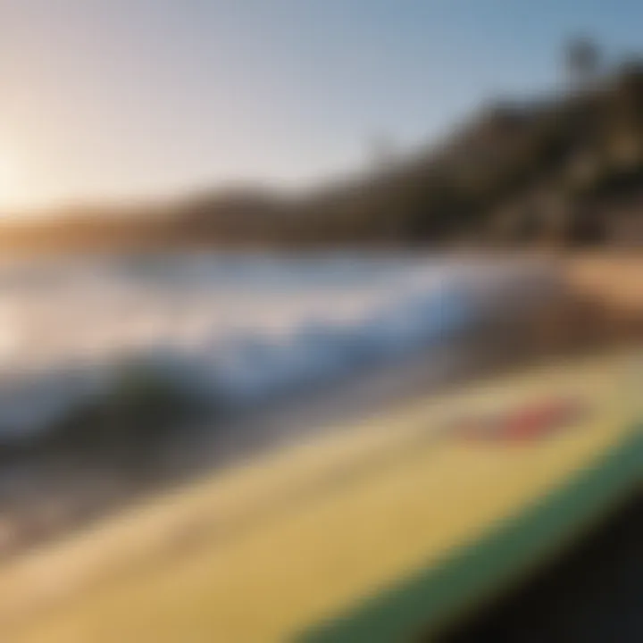 A well-maintained surfboard with rental location backdrop