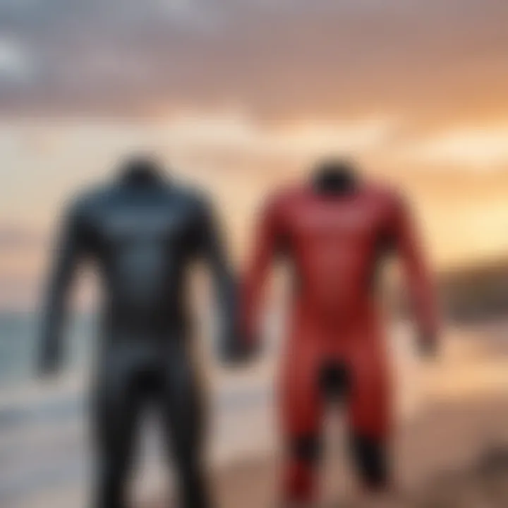 Comparison of wet and dry suits hanging on a line by the beach