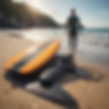 Wetsuit and surfboard on the beach