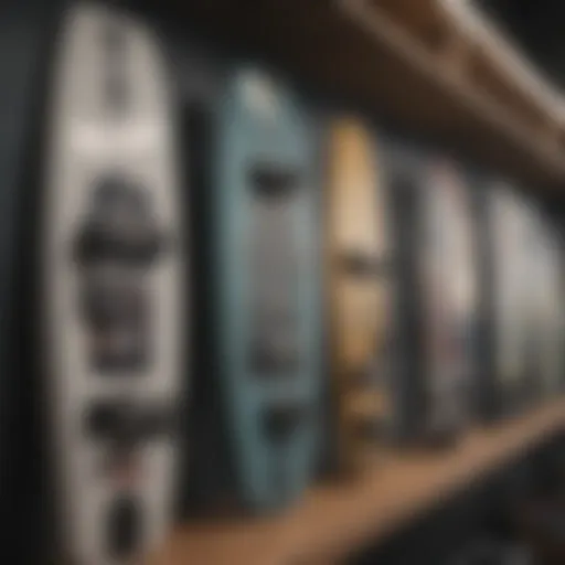 Close-up view of various wakeboard types displayed on a shelf.