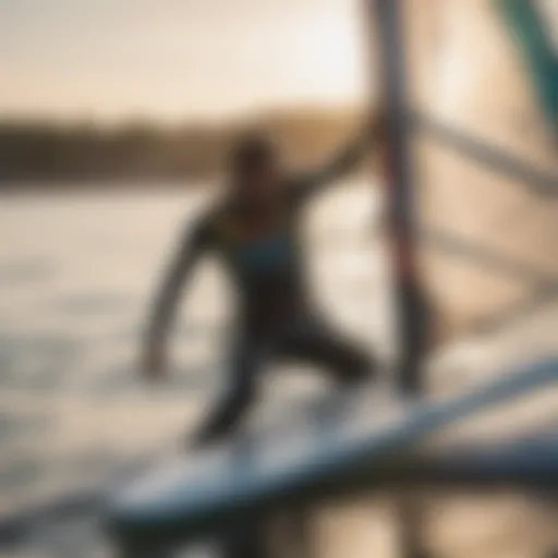 Windsurfer examining sail in store