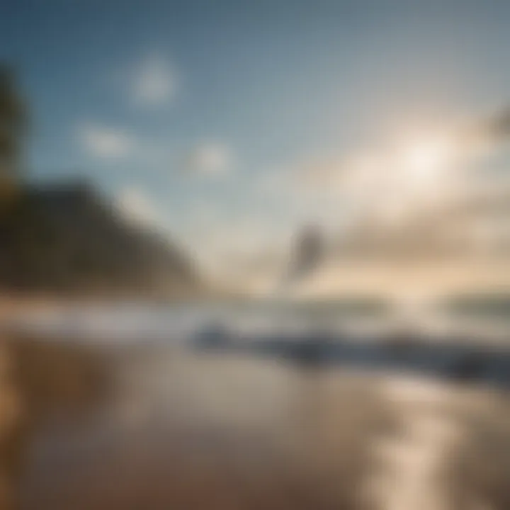 Serene beach setting with a wing surfer enjoying the ride