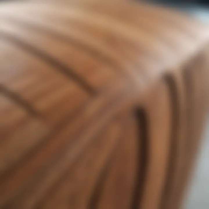 Close-up of wood grain showcasing craftsmanship in surfboard rack design